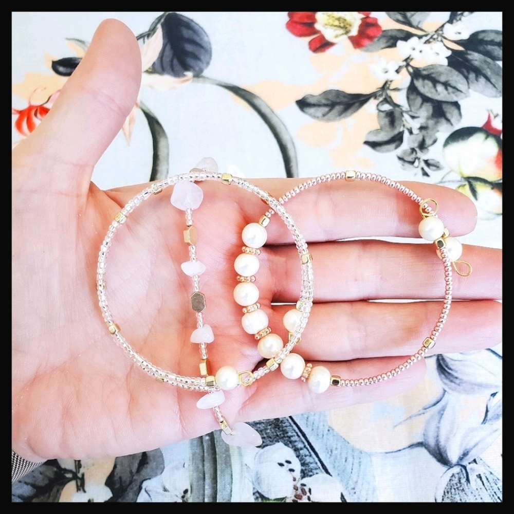 Rose Quartz & Pearl Bangle set -3 pack- Rose Gold